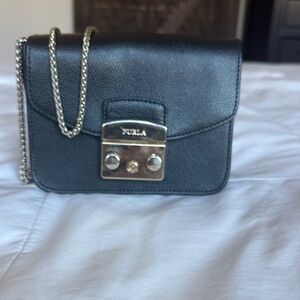 Furla Black Crossbody Bag with Silver Chain